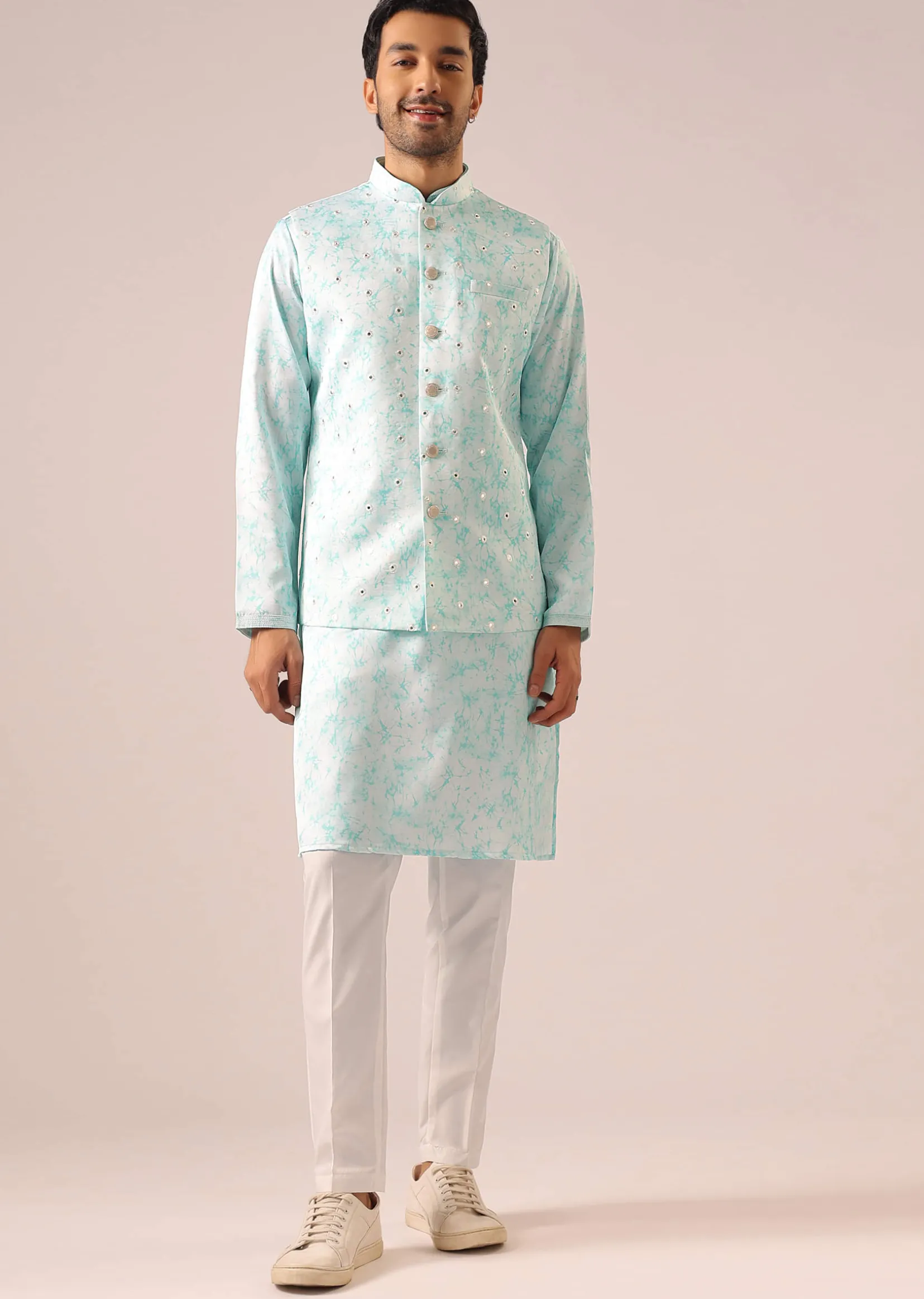 Blue Jacket And Kurta Set with Tie Dye And Mirror Work