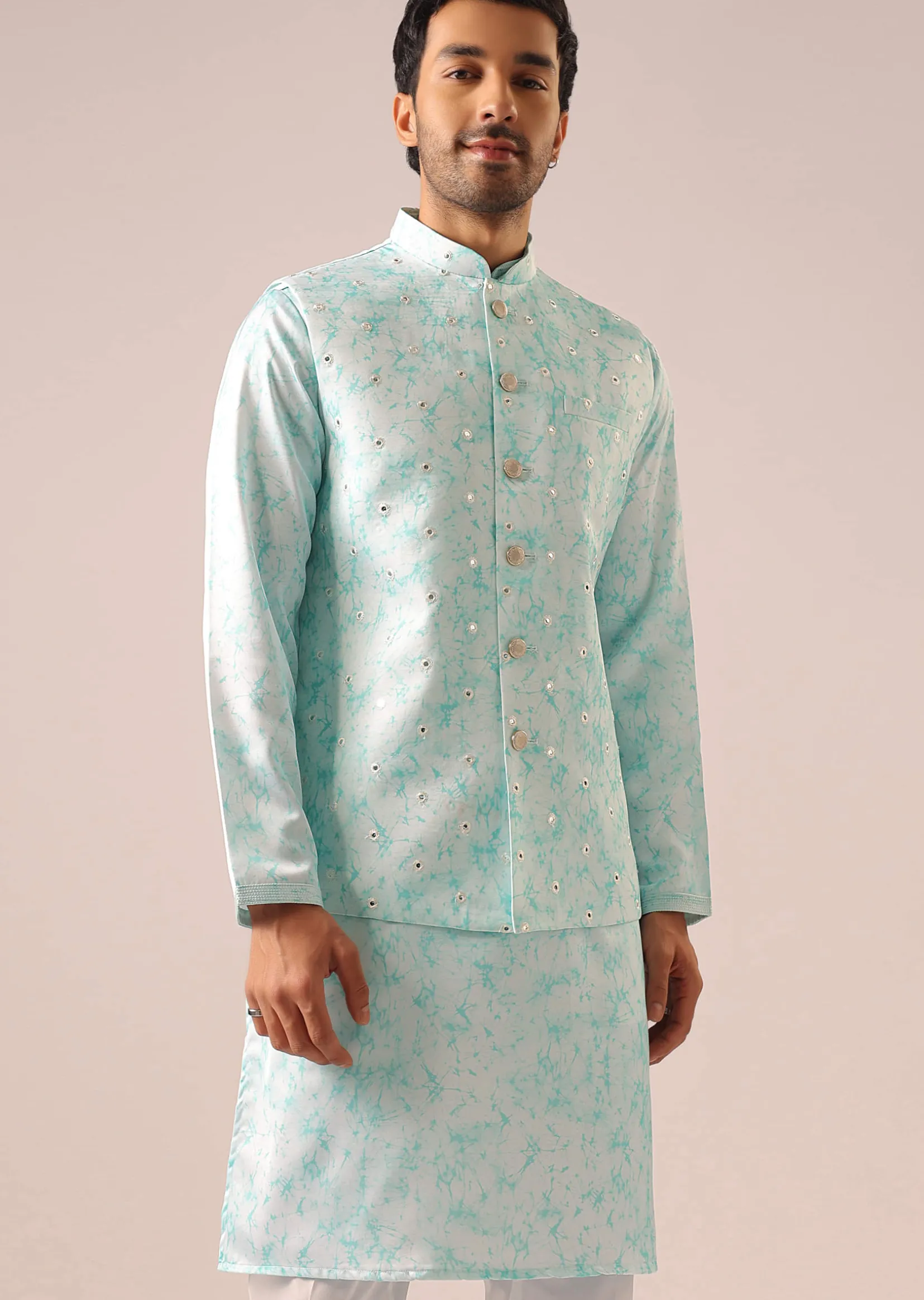 Blue Jacket And Kurta Set with Tie Dye And Mirror Work