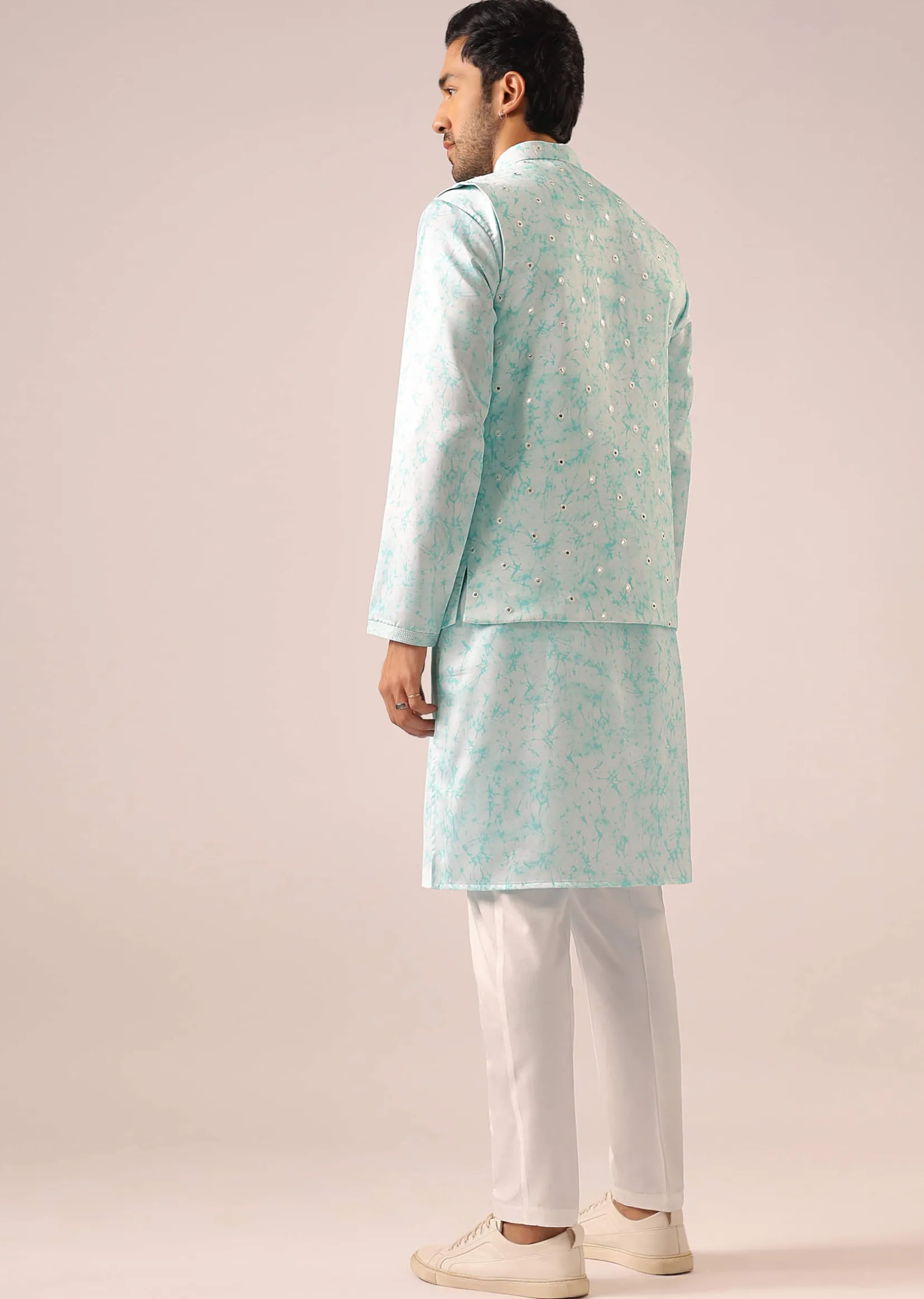 Blue Jacket And Kurta Set with Tie Dye And Mirror Work