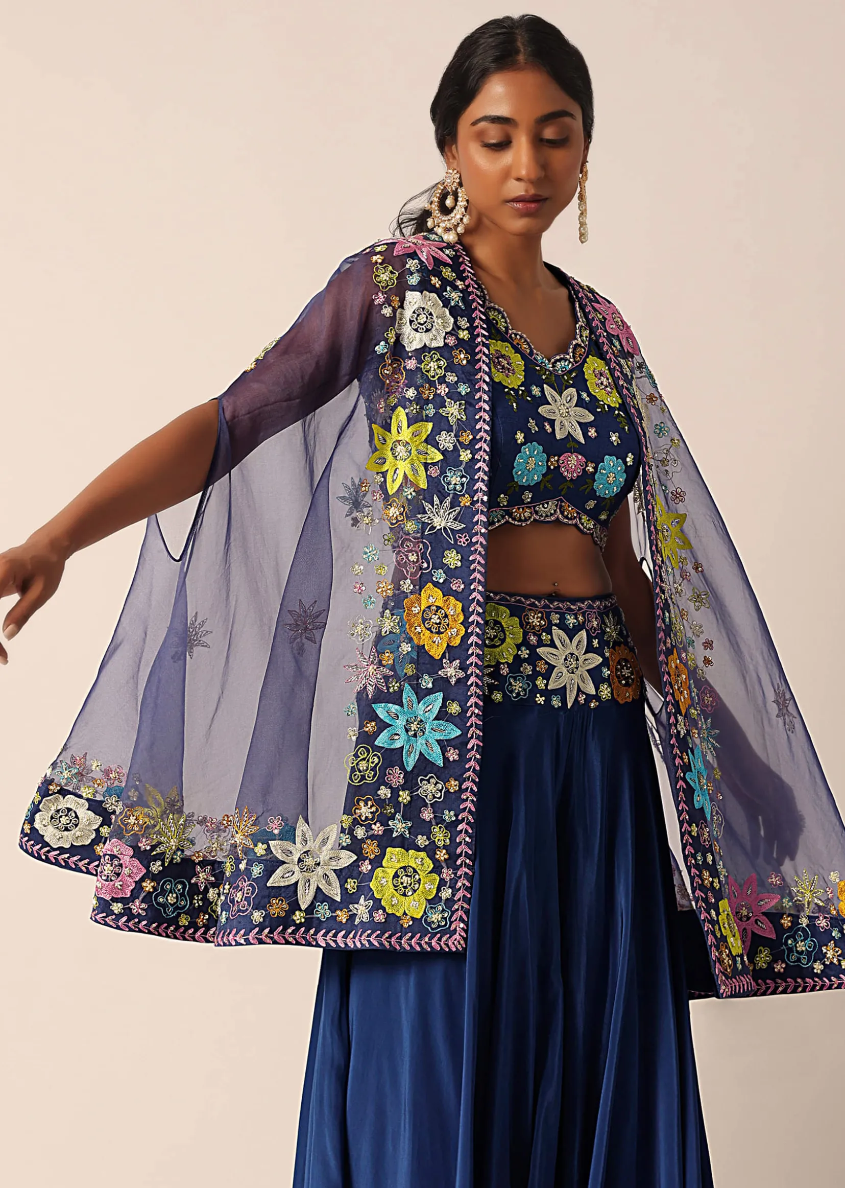 Blue Jacket And Palazzo Set With Floral Motif Embroidery