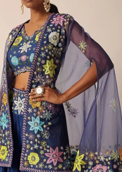 Blue Jacket And Palazzo Set With Floral Motif Embroidery