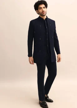 Blue Jacquard 3 Pc Jodhpuri Suit