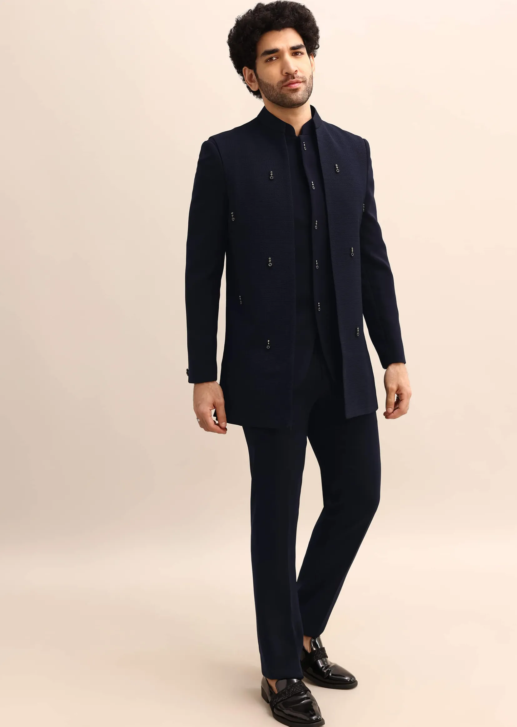 Blue Jacquard 3 Pc Jodhpuri Suit