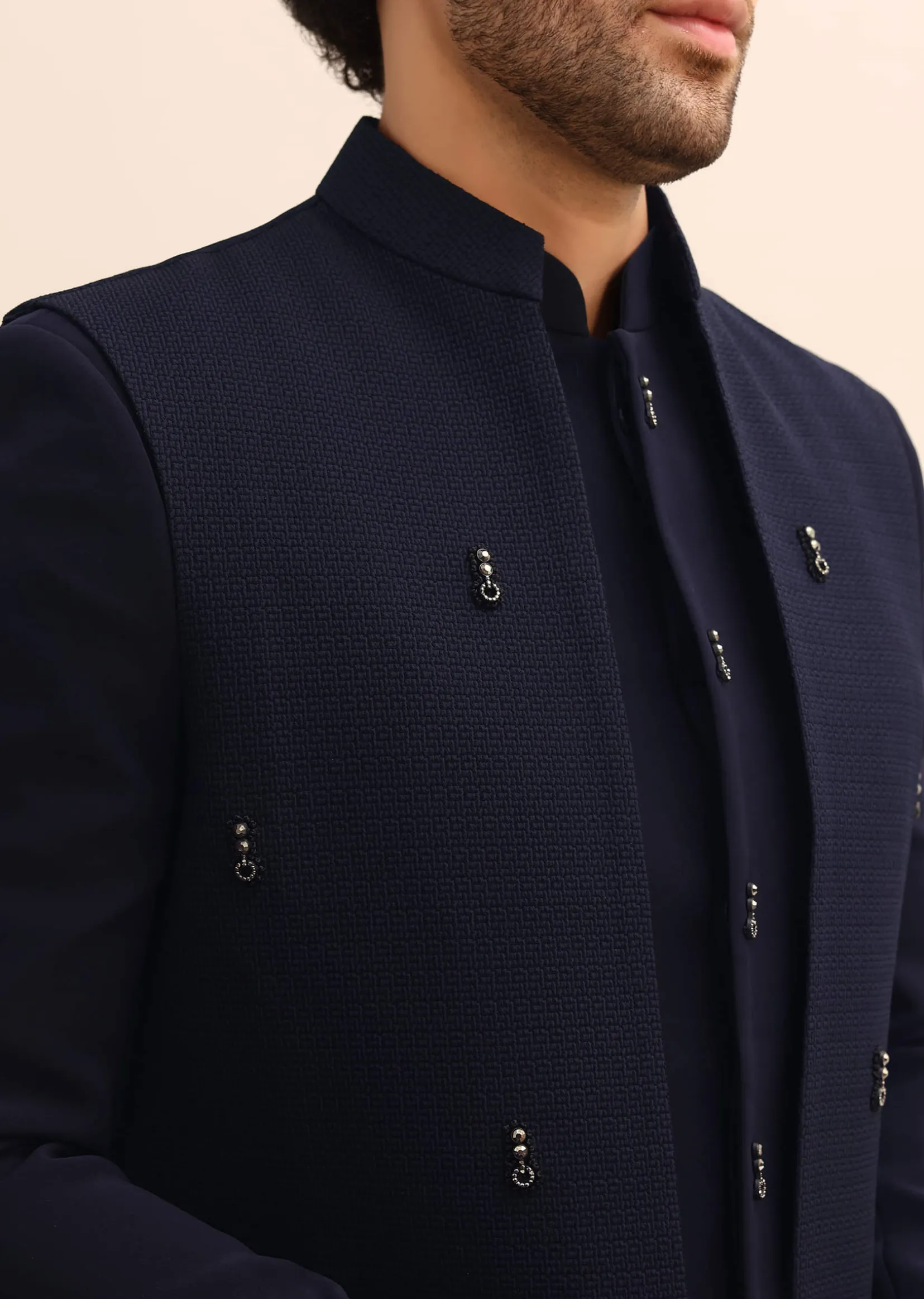 Blue Jacquard 3 Pc Jodhpuri Suit