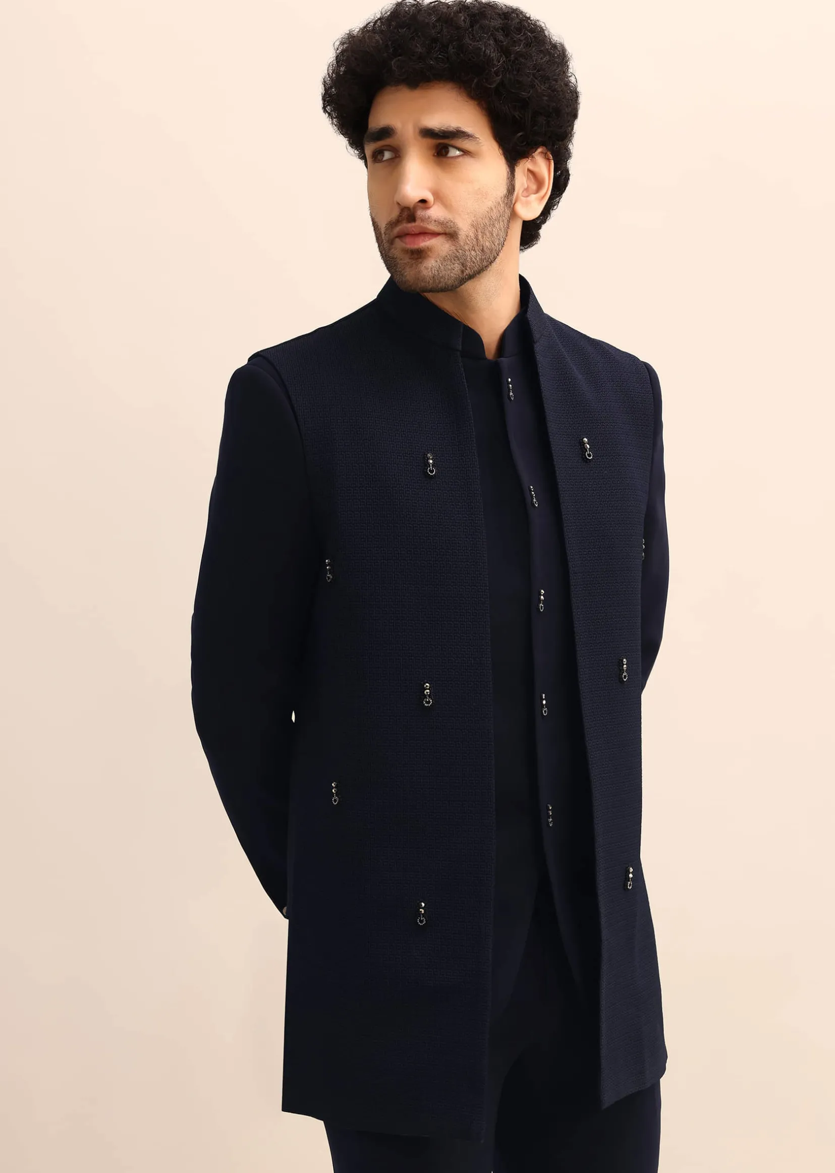 Blue Jacquard 3 Pc Jodhpuri Suit