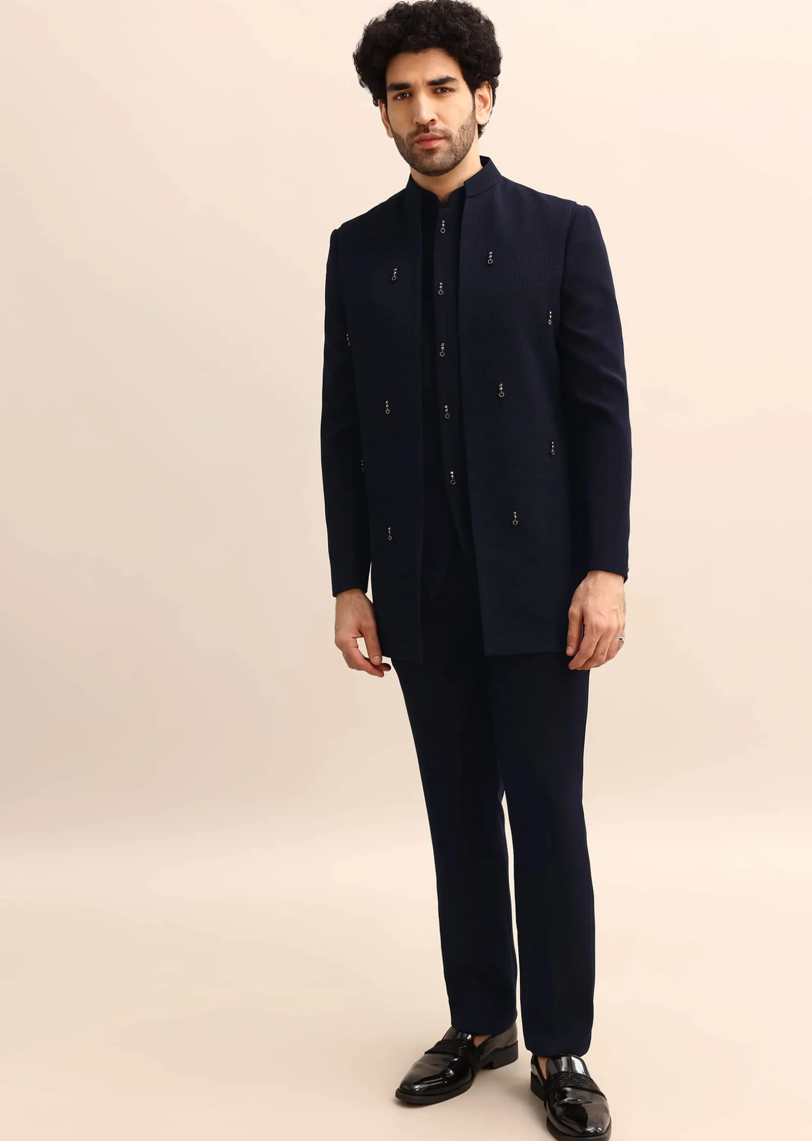 Blue Jacquard 3 Pc Jodhpuri Suit