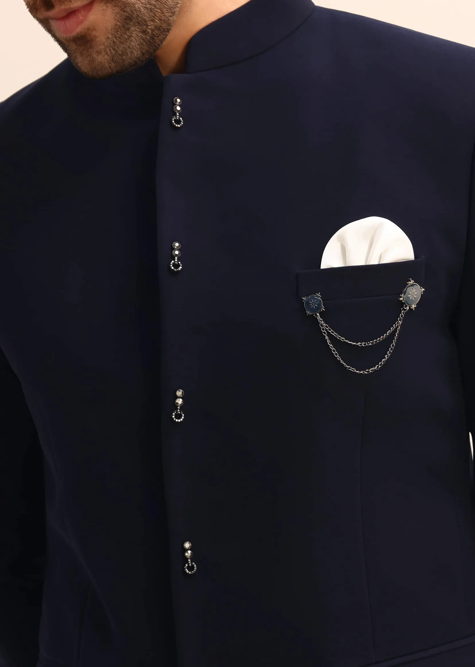Blue Jacquard 3 Pc Jodhpuri Suit