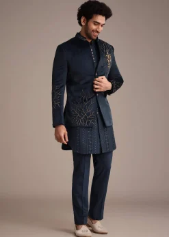 Blue Jacquard Kurta Jacket Set With Broach
