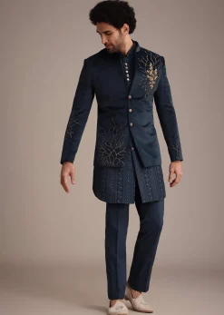 Blue Jacquard Kurta Jacket Set With Broach