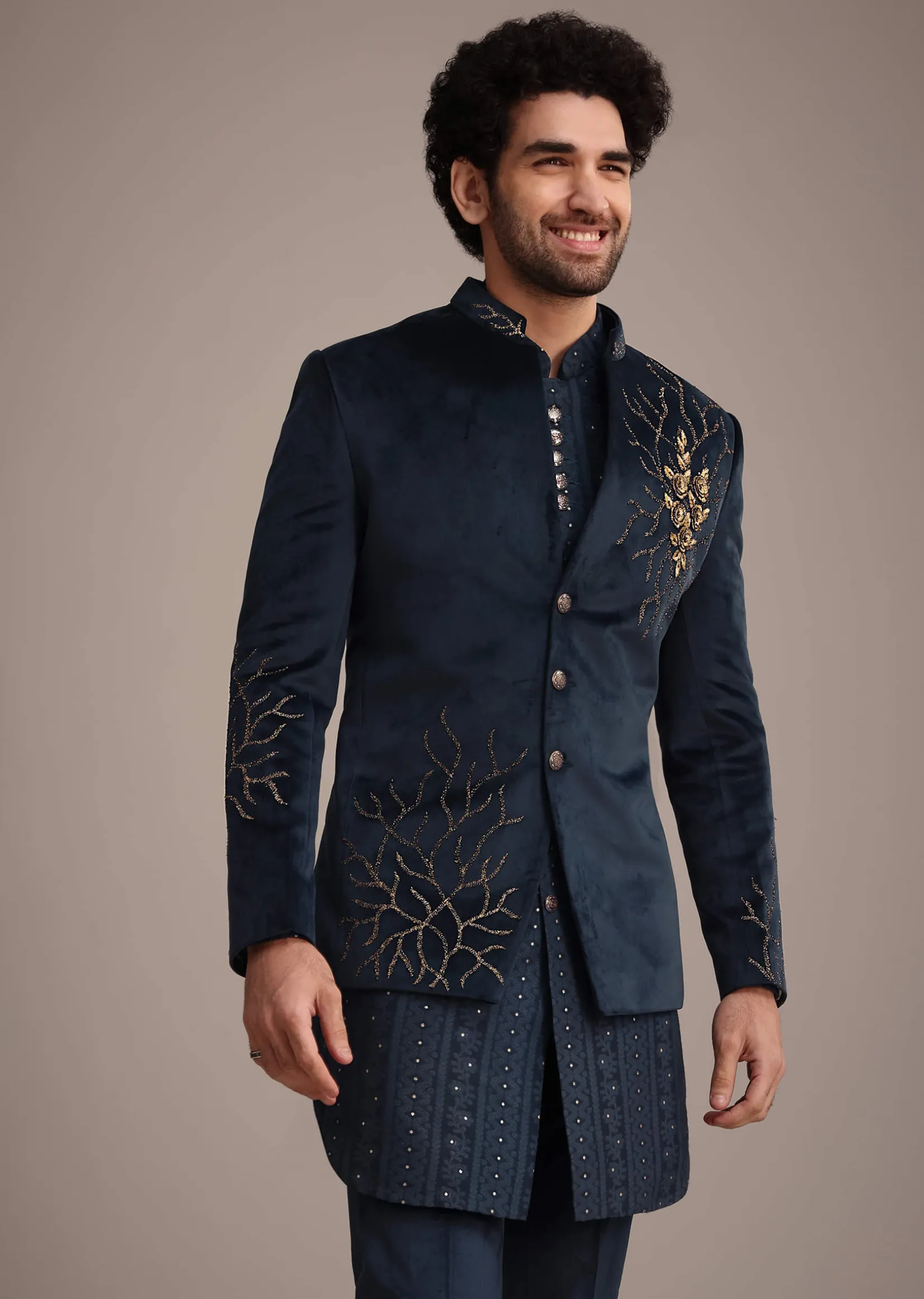 Blue Jacquard Kurta Jacket Set With Broach