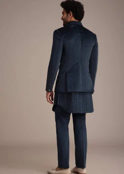 Blue Jacquard Kurta Jacket Set With Broach
