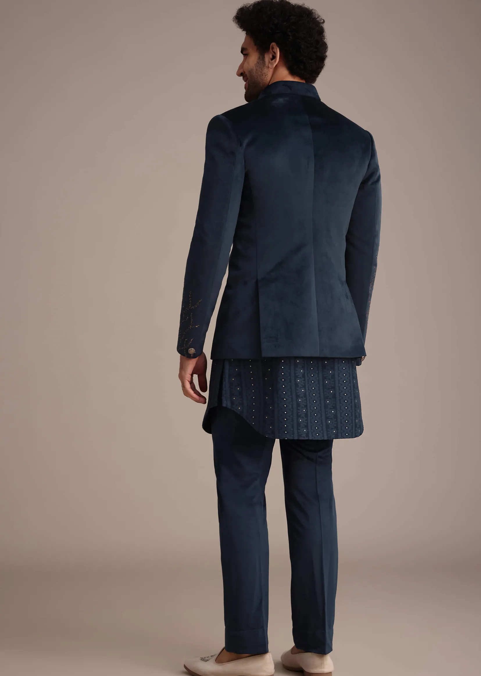 Blue Jacquard Kurta Jacket Set With Broach