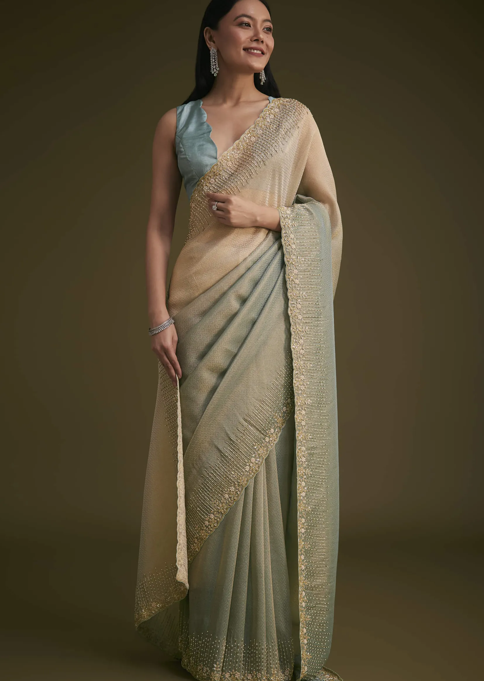 Blue Jacquard Saree With Cutdana And Stones Embroidery