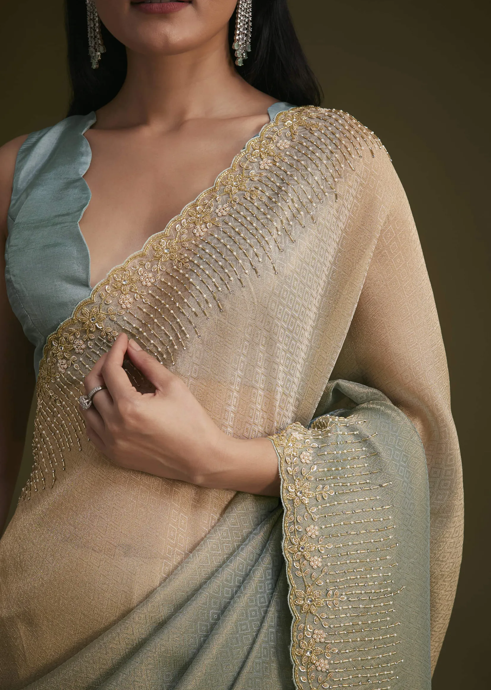 Blue Jacquard Saree With Cutdana And Stones Embroidery