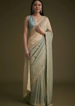 Blue Jacquard Saree With Cutdana And Stones Embroidery