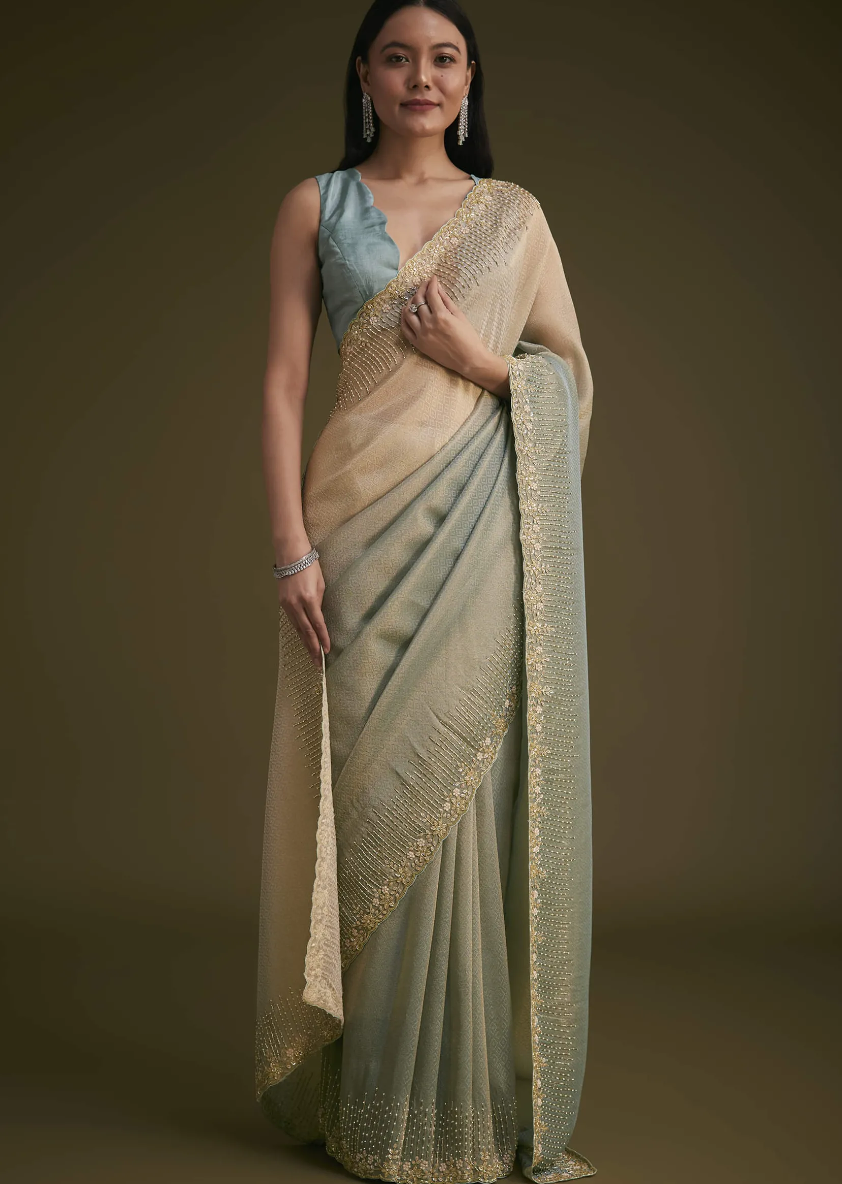 Blue Jacquard Saree With Cutdana And Stones Embroidery