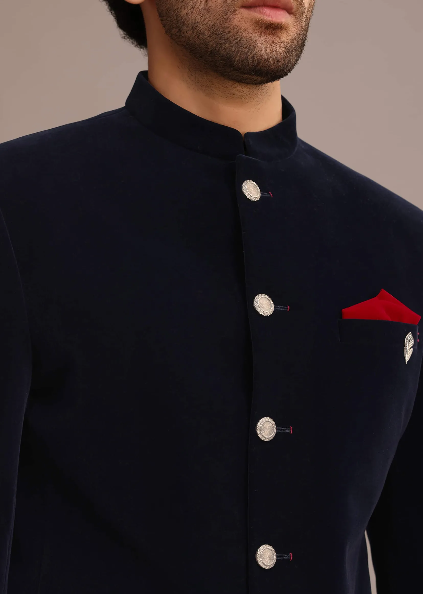 Blue Jodhpuri Suit In Velvet With Pocket Square
