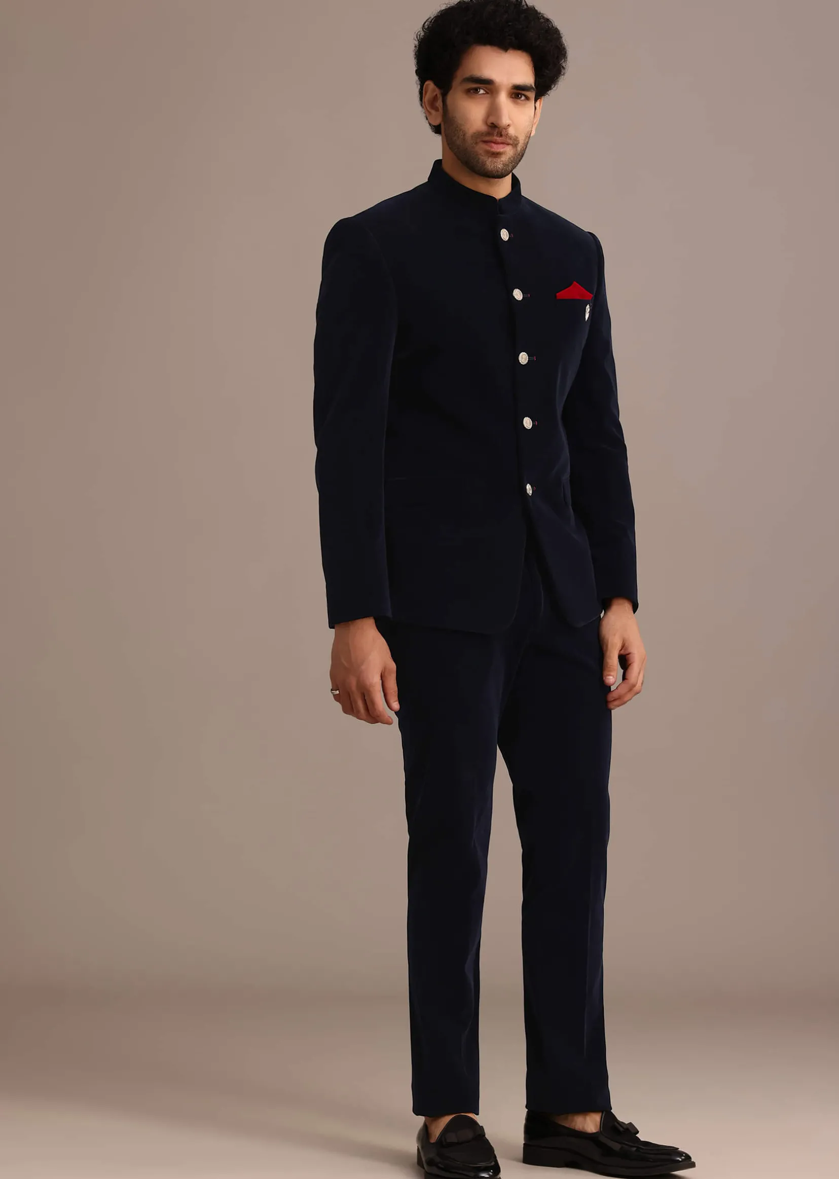 Blue Jodhpuri Suit In Velvet With Pocket Square