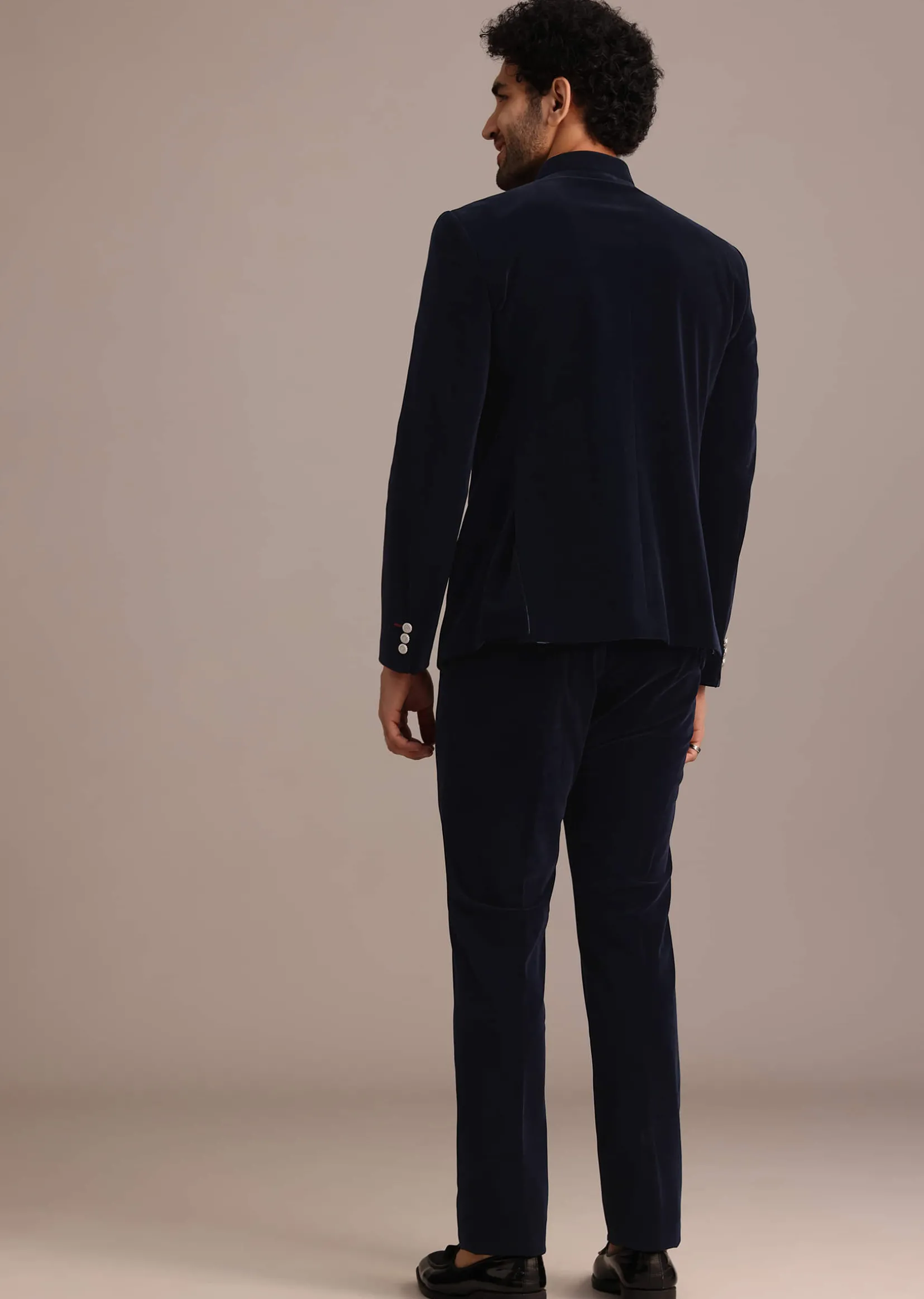 Blue Jodhpuri Suit In Velvet With Pocket Square