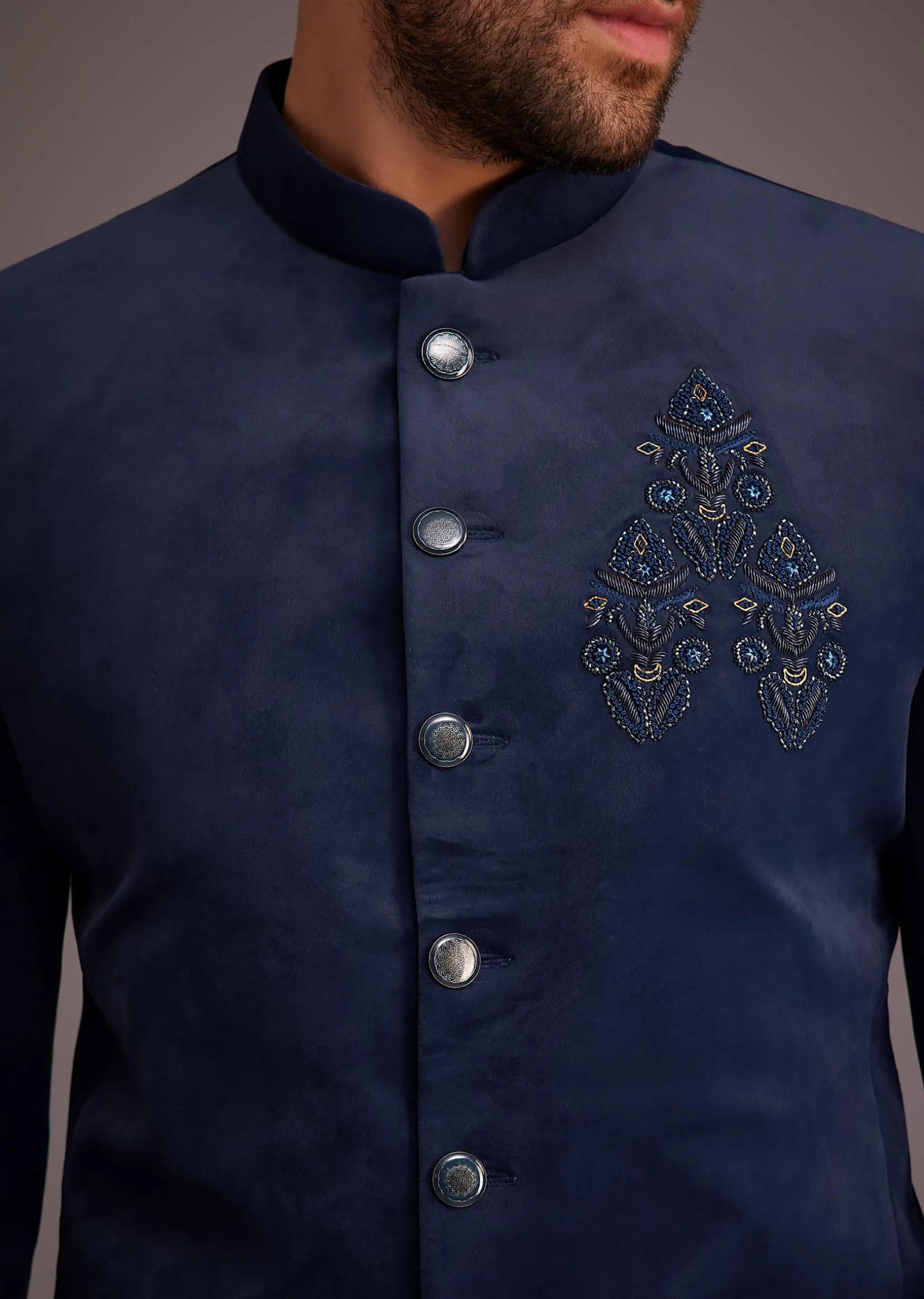 Blue Jodhpuri Suit With Embroidered Motif