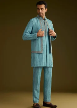Blue Knit Kurta Jacket Set With Moti Work