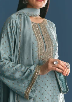 Blue Kurta Dupatta Set With Moti Cutdana Work