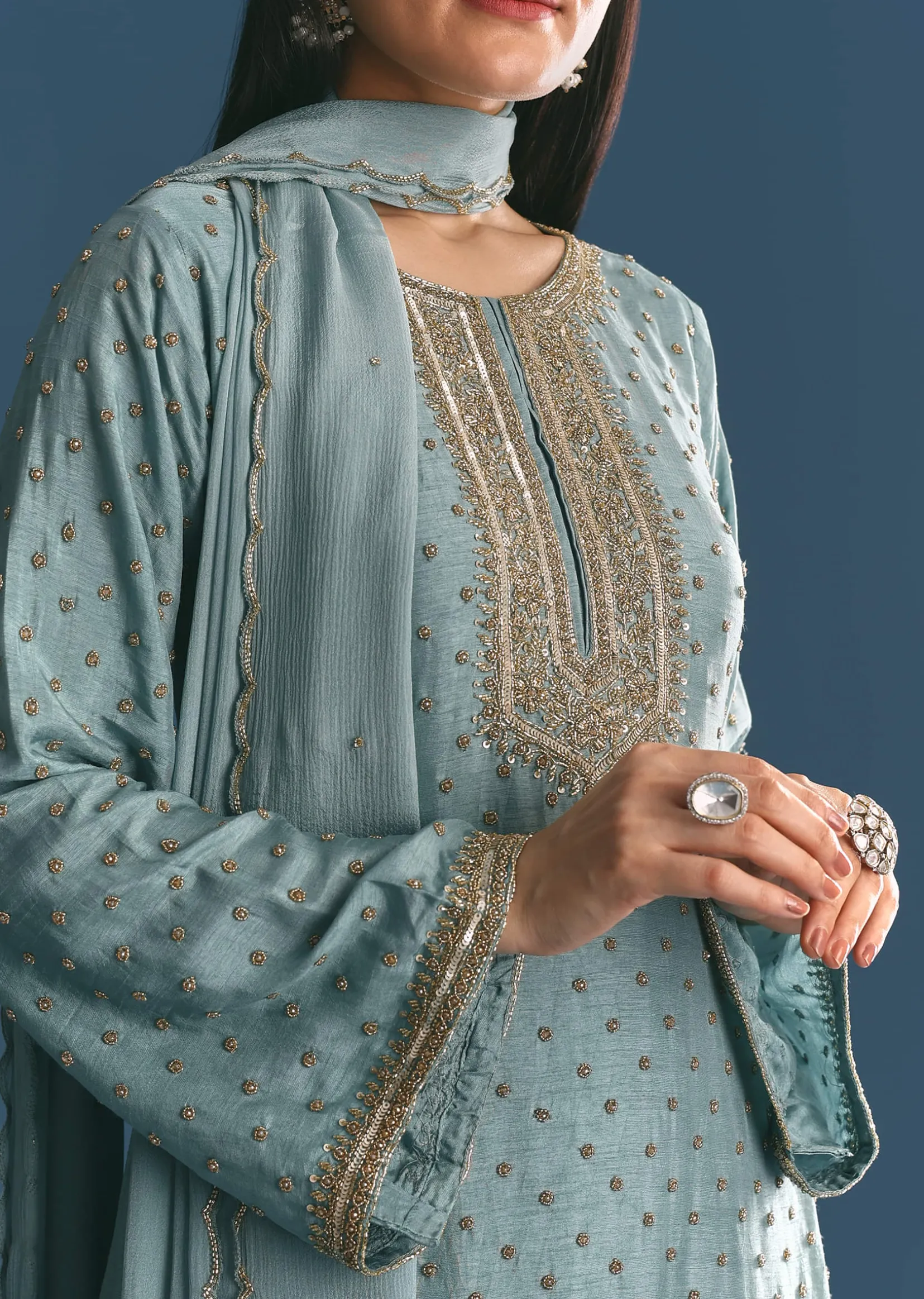 Blue Kurta Dupatta Set With Moti Cutdana Work