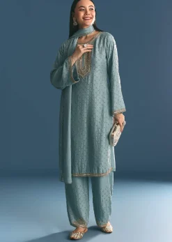 Blue Kurta Dupatta Set With Moti Cutdana Work