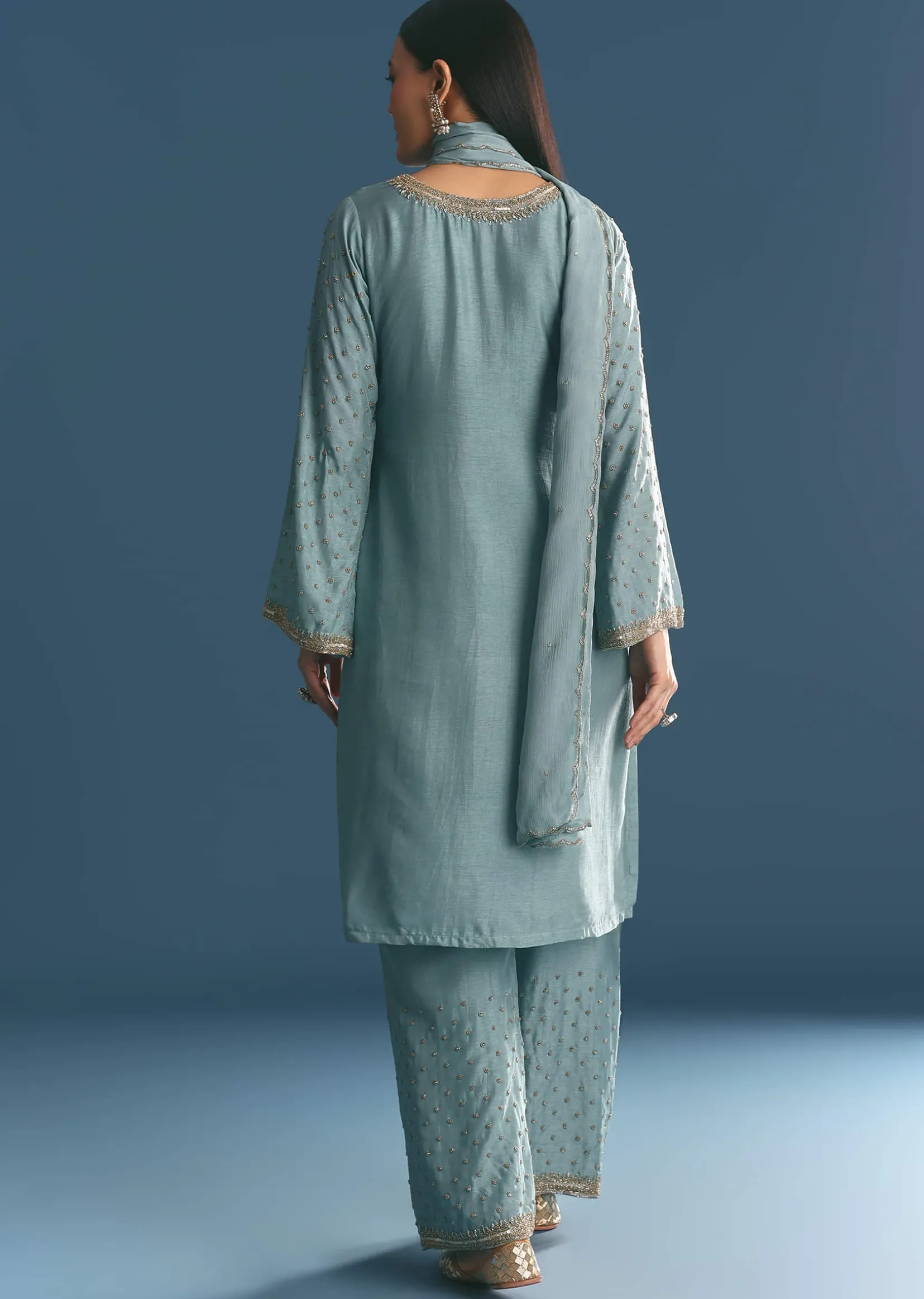 Blue Kurta Dupatta Set With Moti Cutdana Work