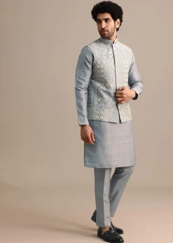 Blue Kurta Jacket Set With Thread And Mirror Work For Men