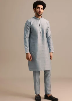 Blue Kurta Jacket Set With Thread And Mirror Work For Men