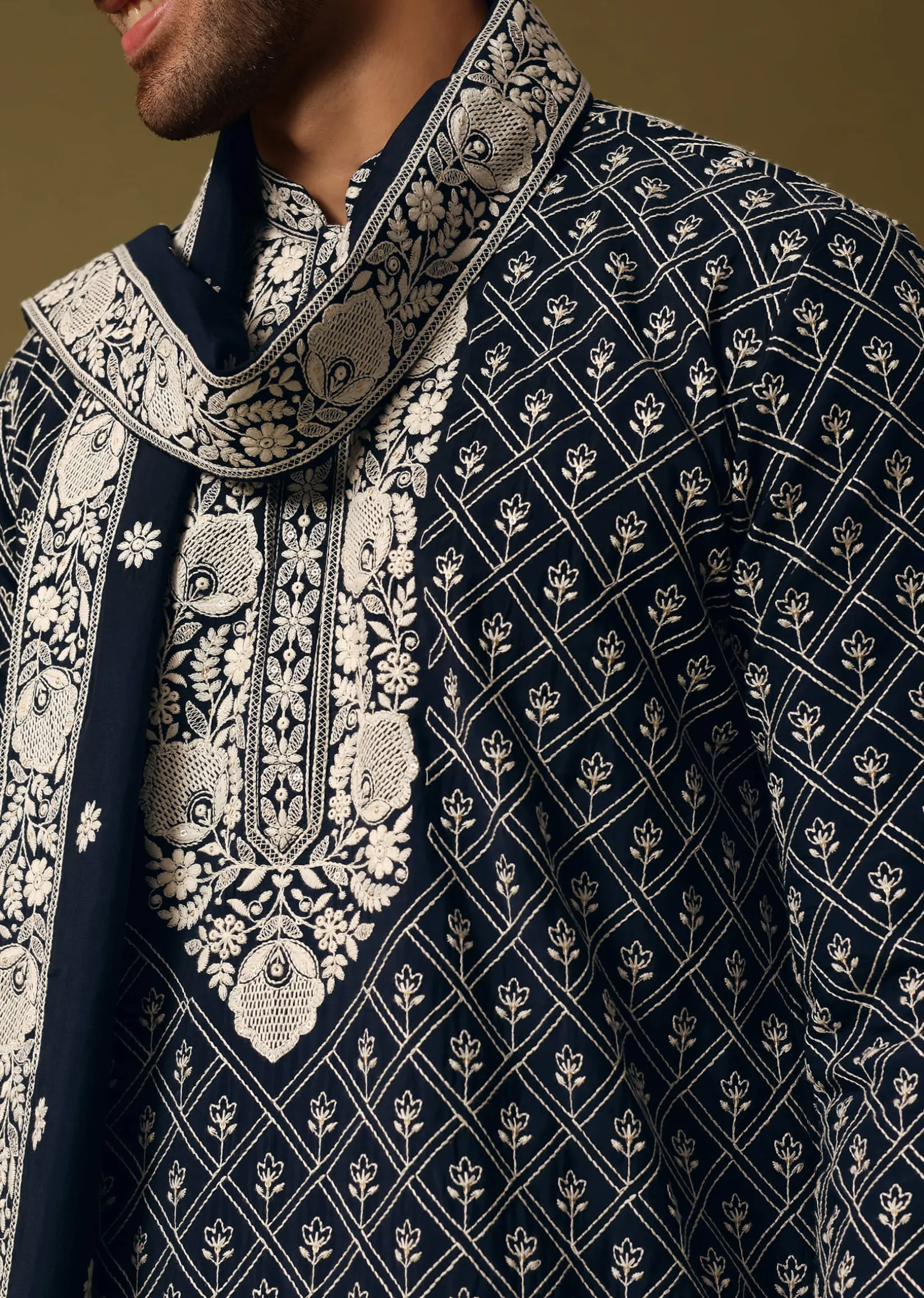 Blue Kurta Pant Set With Dupatta In Resham Work