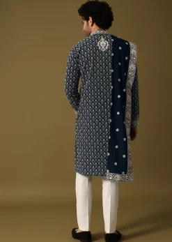 Blue Kurta Pant Set With Dupatta In Resham Work