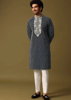 Blue Kurta Pant Set With Dupatta In Resham Work
