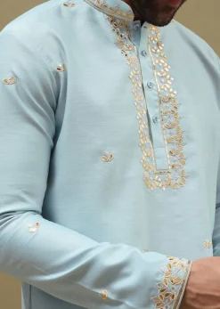 Blue Kurta Set With Abla Work For Men