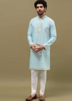 Blue Kurta Set With Abla Work For Men