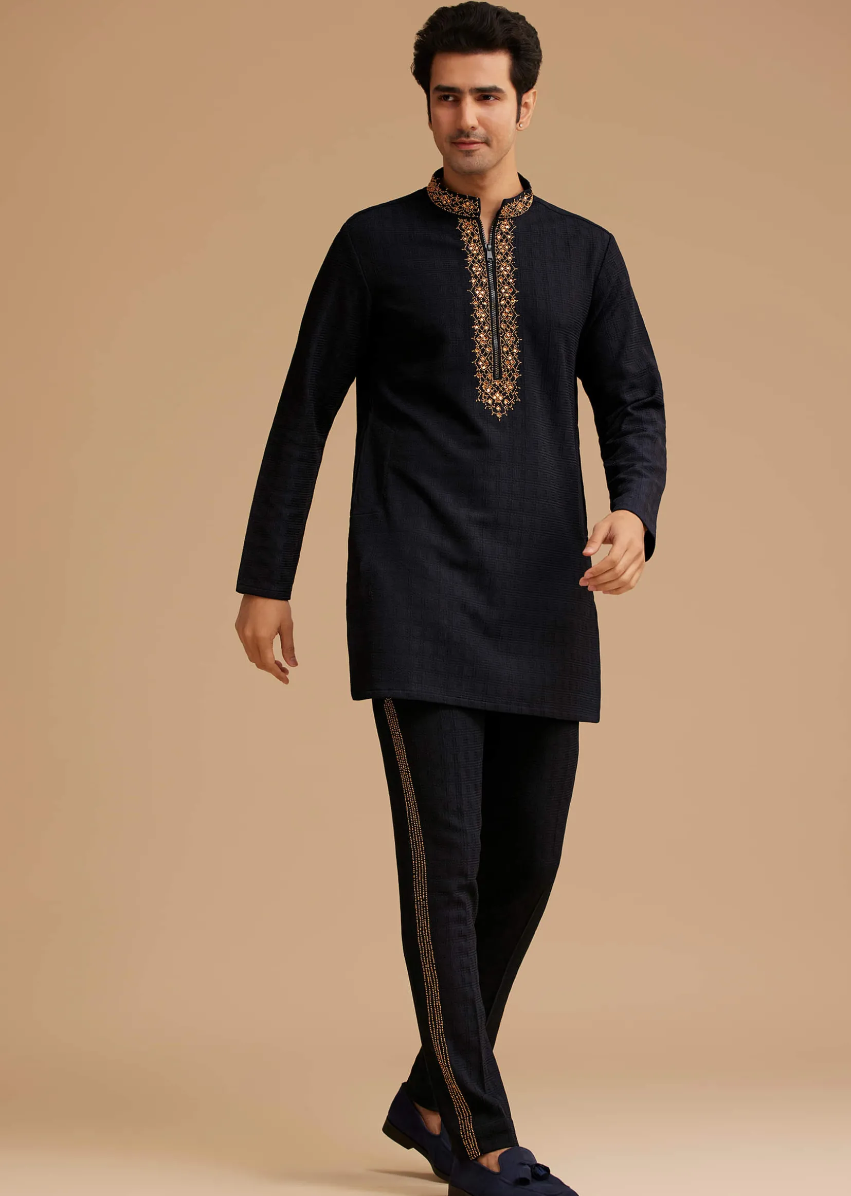 Blue Kurta Set With Moti And Mirror Embroidery