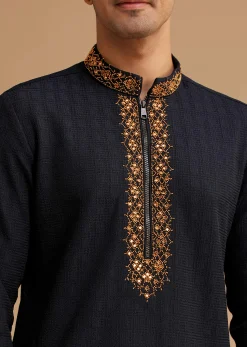 Blue Kurta Set With Moti And Mirror Embroidery