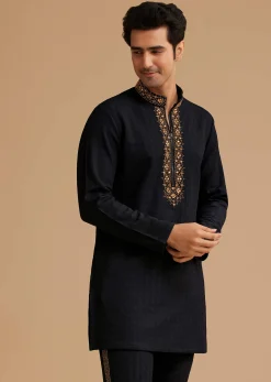 Blue Kurta Set With Moti And Mirror Embroidery