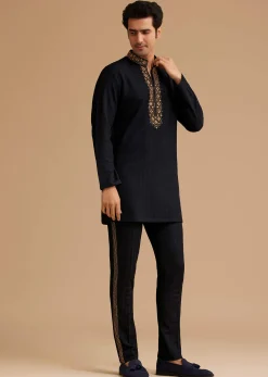 Blue Kurta Set With Moti And Mirror Embroidery