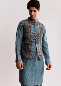 Blue Linen Kurta Jacket Set With Ajrakh Print