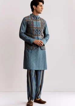 Blue Linen Kurta Jacket Set With Ajrakh Print