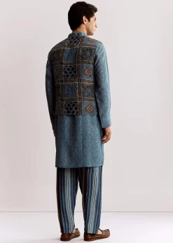 Blue Linen Kurta Jacket Set With Ajrakh Print