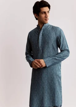 Blue Linen Kurta Jacket Set With Ajrakh Print