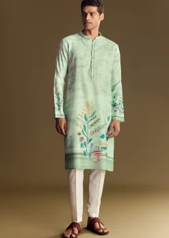 Blue Linen Kurta Set With All Over Floral Print And Mandarin Collar