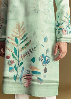 Blue Linen Kurta Set With All Over Floral Print And Mandarin Collar