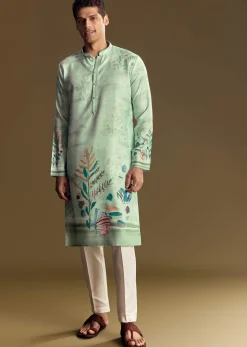 Blue Linen Kurta Set With All Over Floral Print And Mandarin Collar