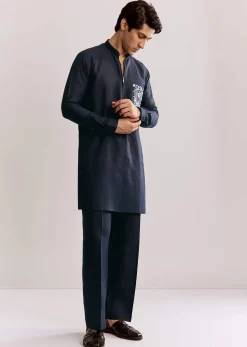 Blue Linen Kurta Set With Embroidery