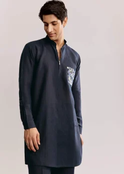 Blue Linen Kurta Set With Embroidery