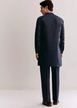 Blue Linen Kurta Set With Embroidery